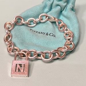 Tiffany & Co Sterling Silver Charm Bracelet with Letter N Padlock Charm